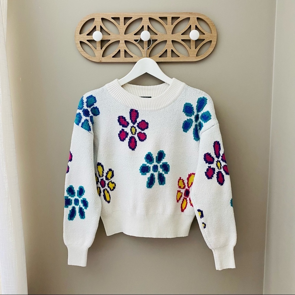 Wild Fable Floral Cropped Sweater White Sz Small